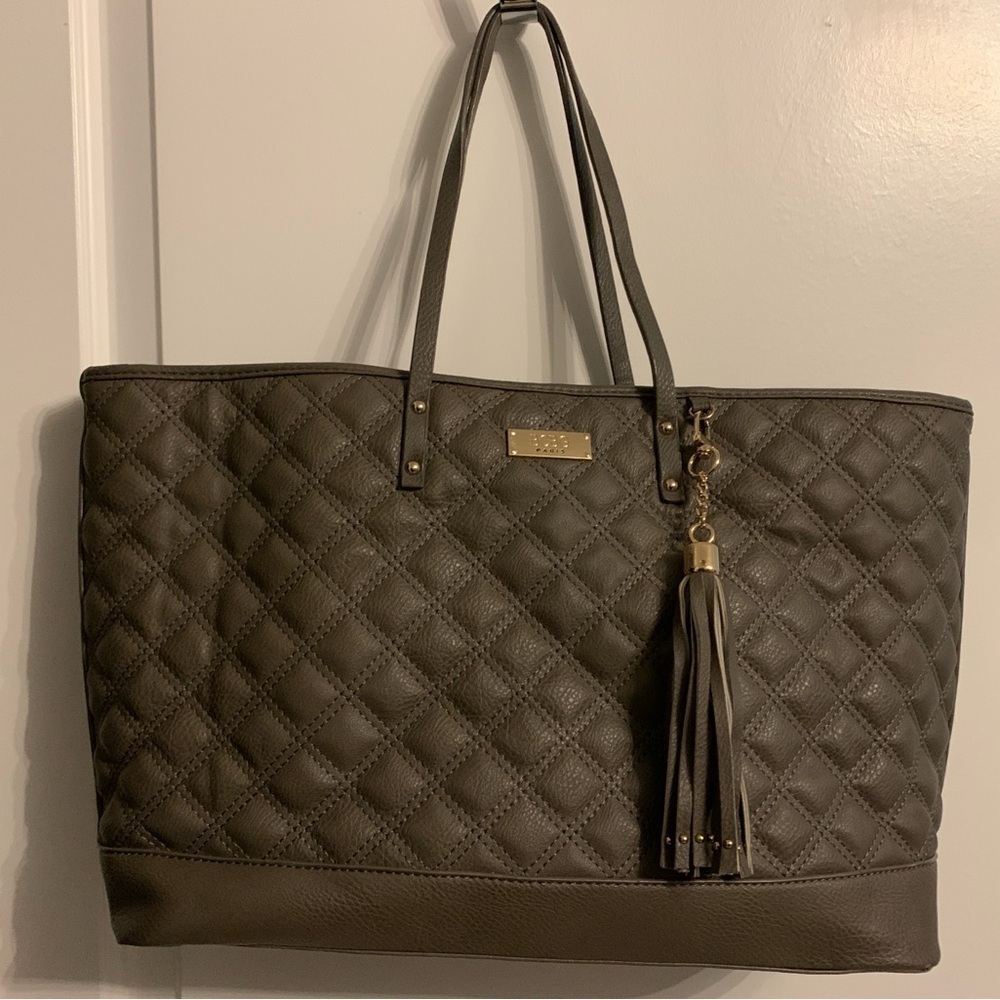 BCBG Large Shoulder Purse, Grayish Brown color, quilted faux vegan leather.